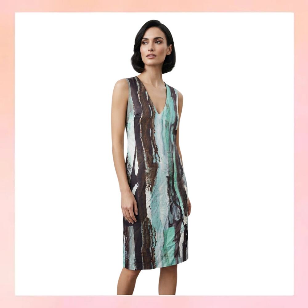ISLA Abstract Print Sleeveless V-Neck Midi Dress Teal Brown Medium